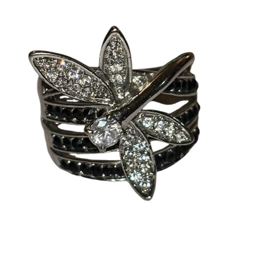 STUNNING 18K RGP Dragonfly Black & Clear Stone Statement Cocktail Ring
